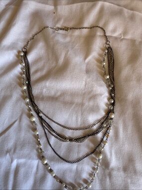 Layered Pearl and Silver-Tone Multi-Chain Necklace